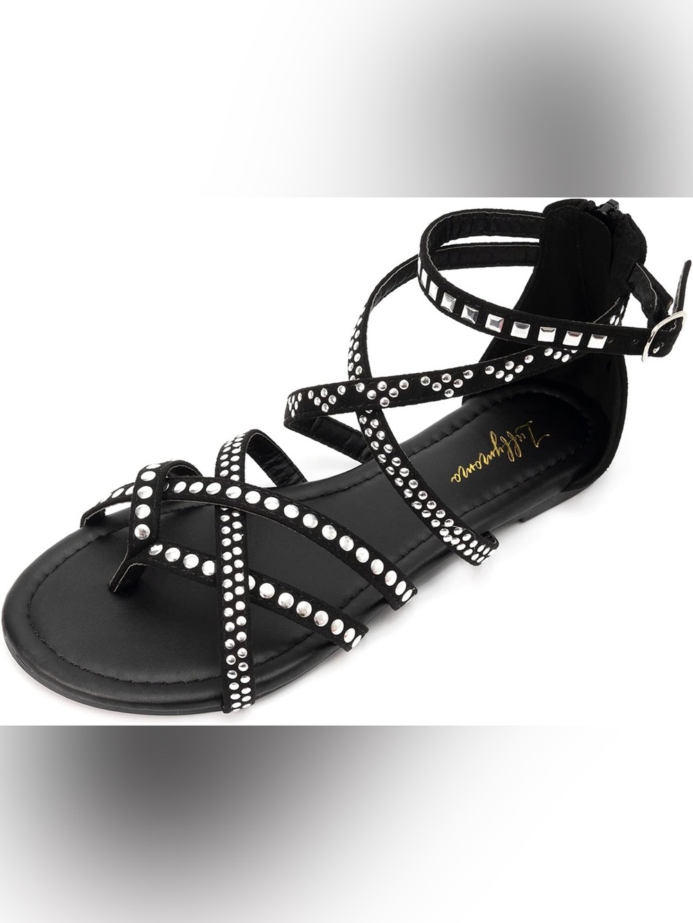 Luffymomo Black Gladiator Edgy Strappy Sandals with Studded Details